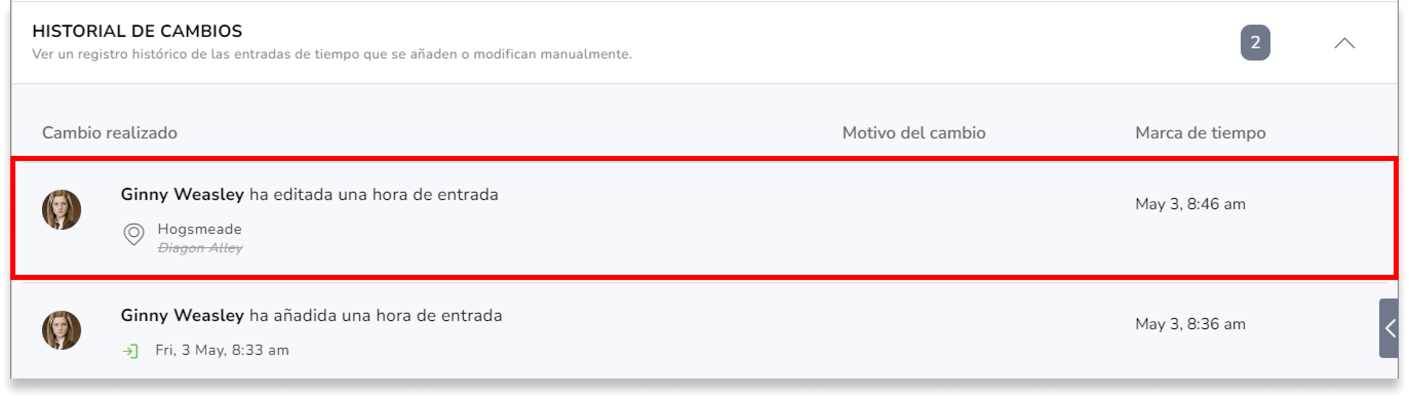 Los cambios se reflejarán en la sección Historial de cambios.