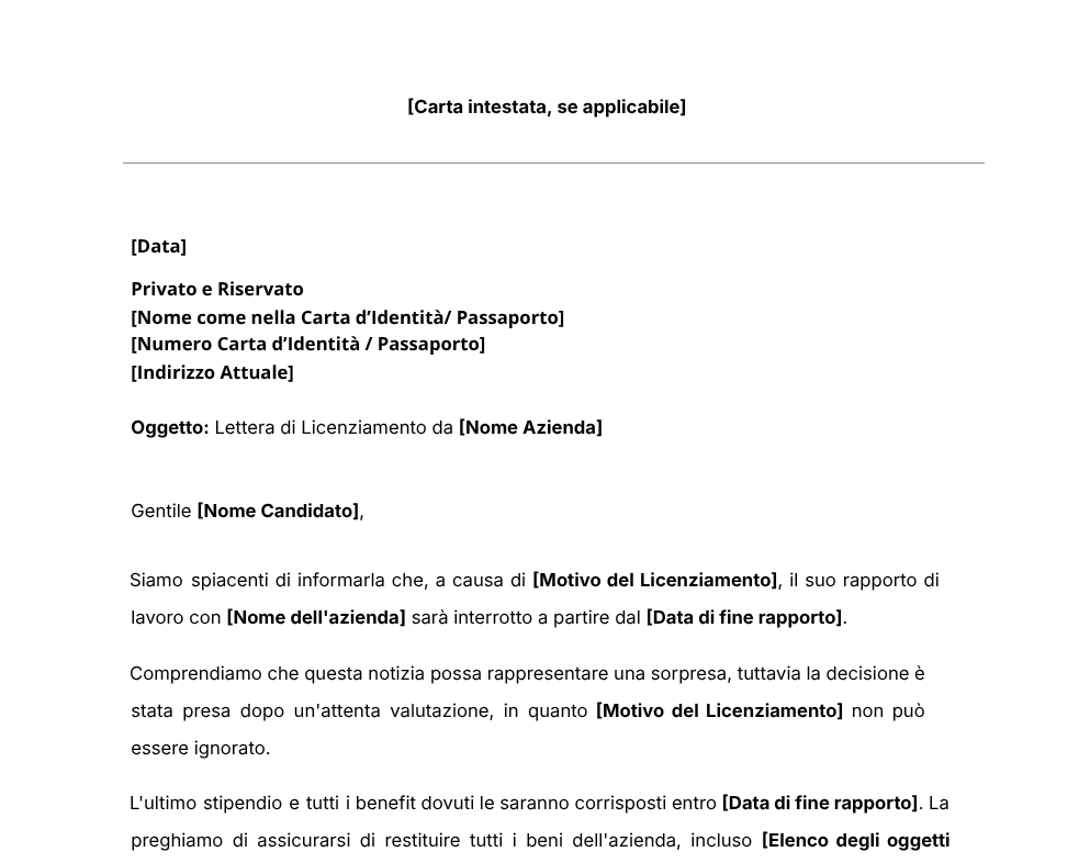 Template Lettera di Licenziamento.