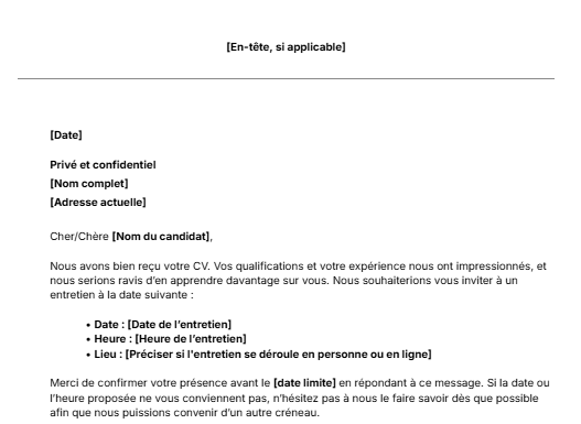 Lettre de convocation à un entretien d'embauche