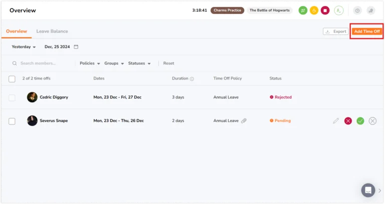 Add time off button on time off overview page