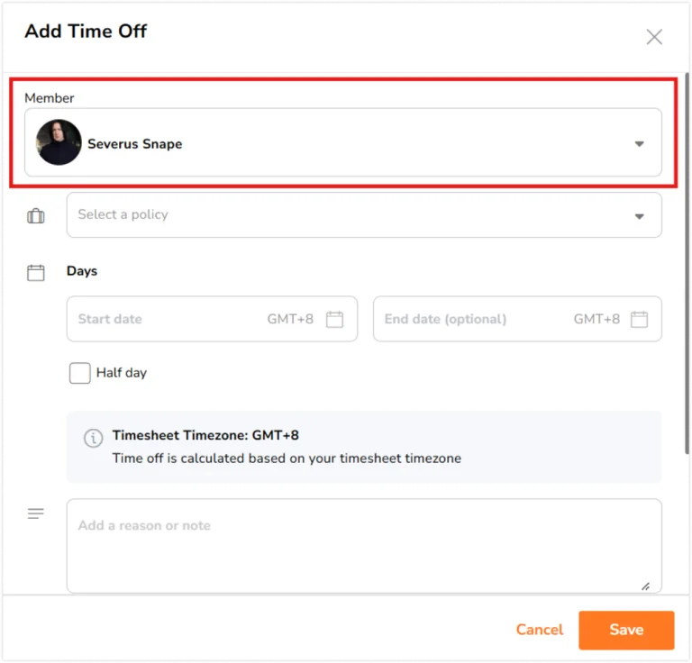 Selecting a member for adding time off