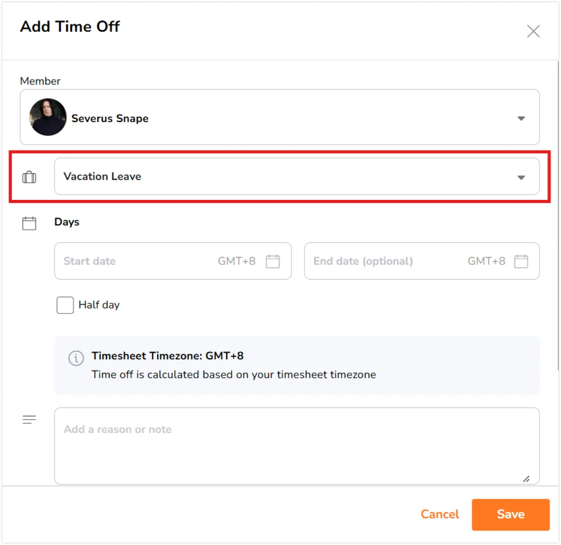 Selecting time off policy