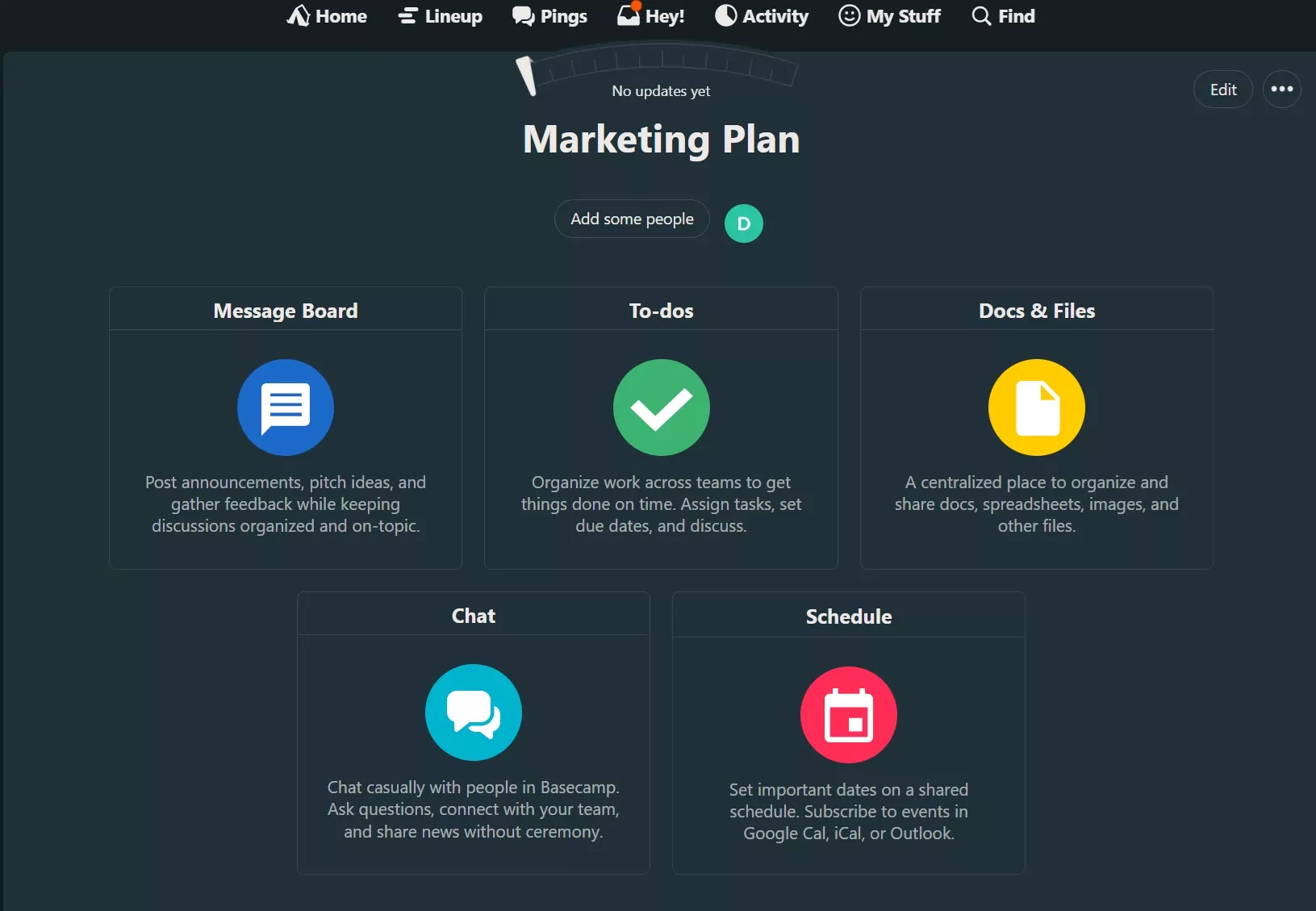 An overview of the different tools included in Basecamp's project management app.