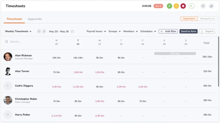 Clicking on send to Xero button via Timesheets tab