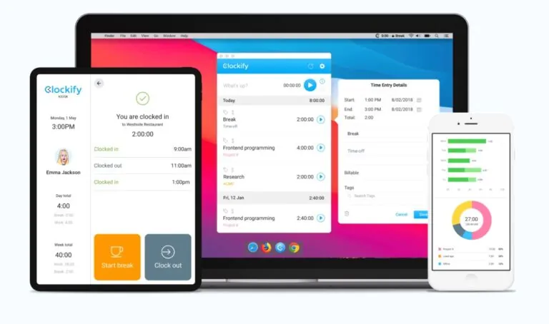 O aplicativo do Clockify no celular, tablet e notebook, exibindo recursos diferentes