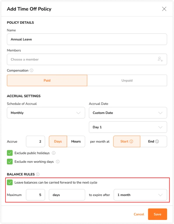 Selecting carry forward rules