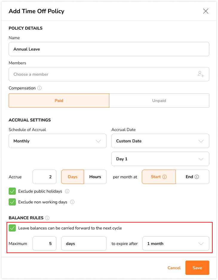 Selecting carry forward rules
