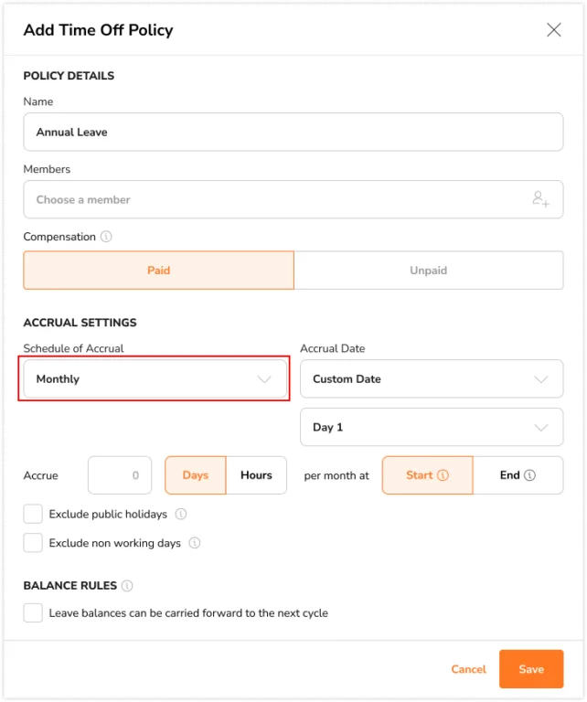 Selecting monthly schedule of accrual