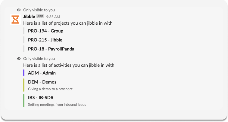 Registrazione d'entrata con un progetto o un'attività su Slack.
