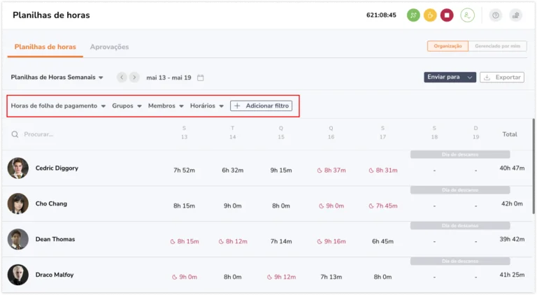 Filtros nas folhas de ponto na web