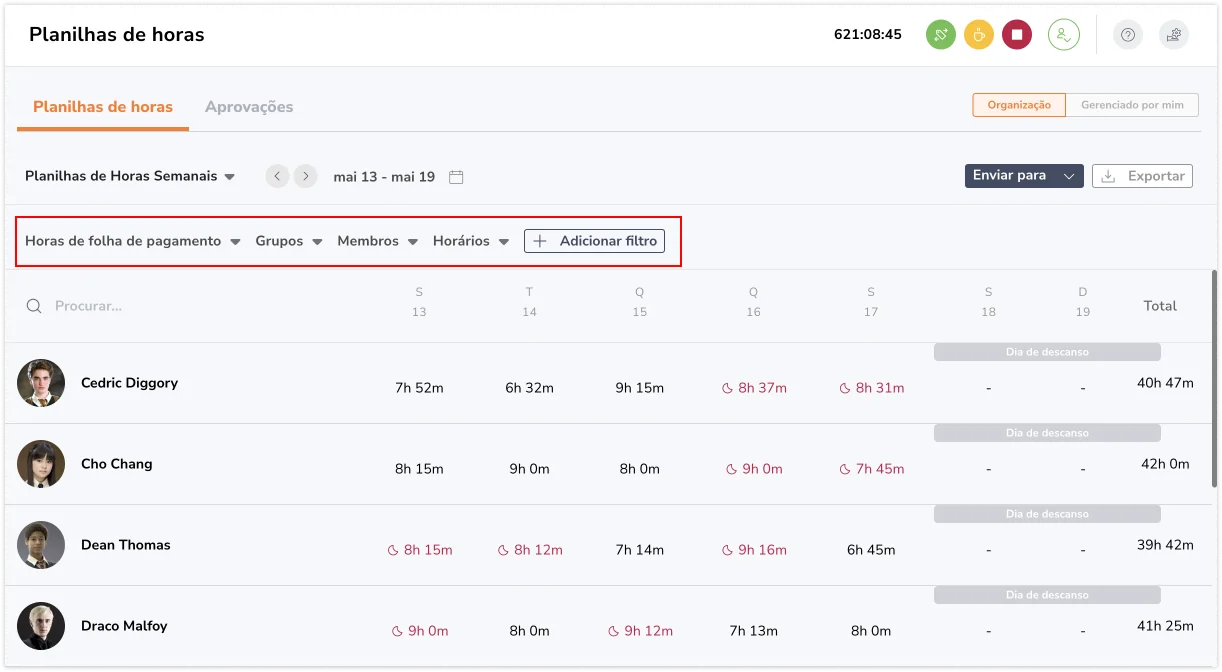 Filtros nas folhas de ponto na web