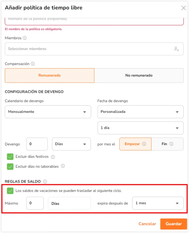 Total de días u horas