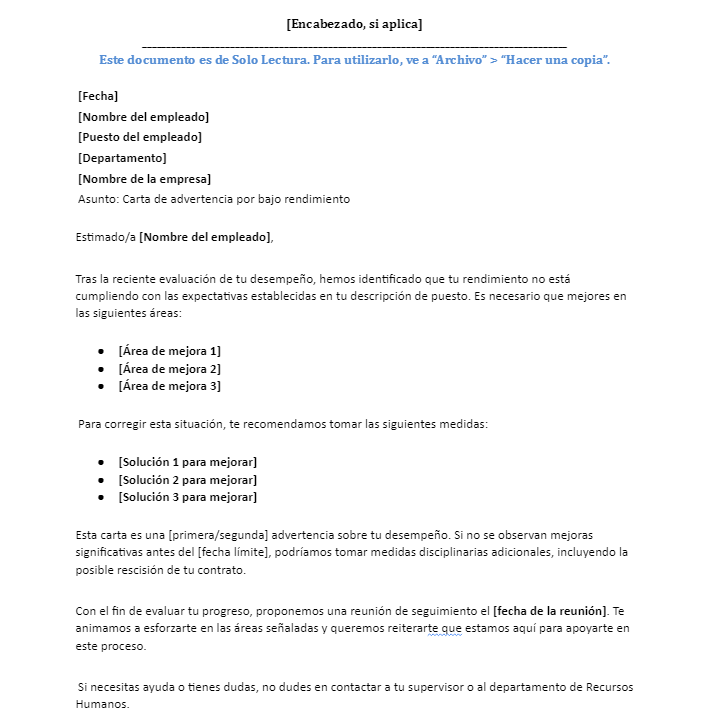 Plantilla de carta de advertencia por bajo rendimiento