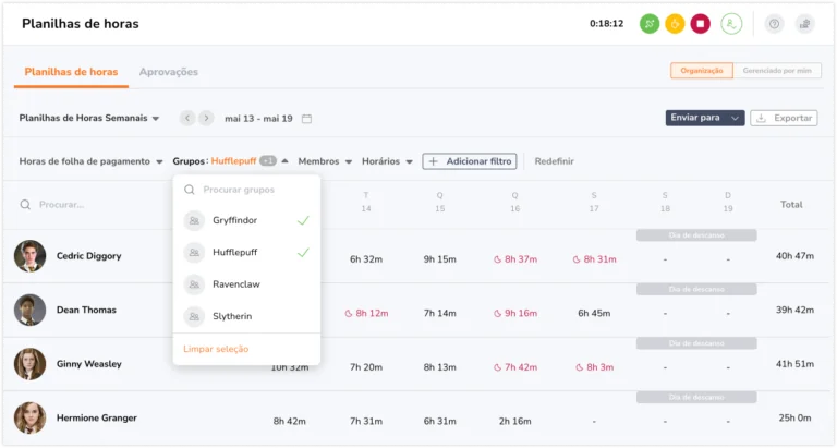 Selecionando grupos do menu suspenso de filtro