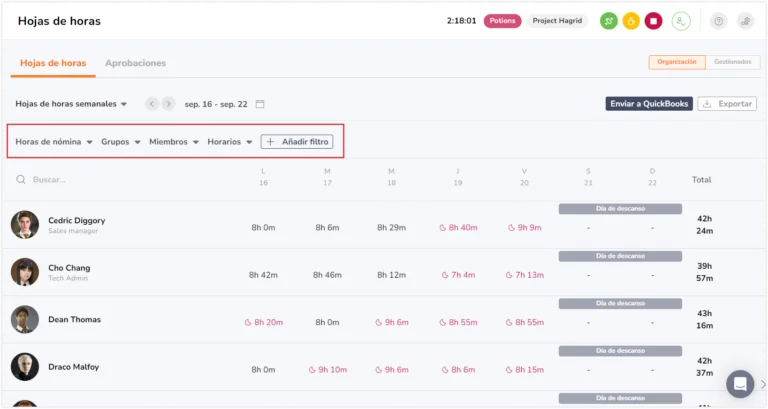Filters on timesheet page
