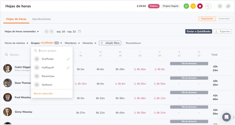 Selecting groups under filters on timesheet page