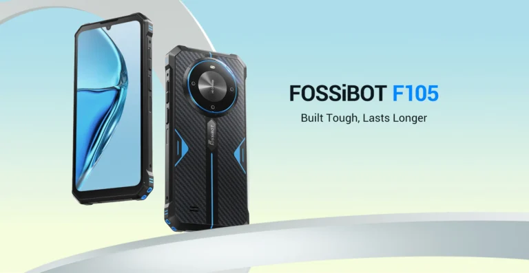 FOSSiBOT F105 耐用手机正反两面展示,配有文字 "坚固耐用,更持久。"