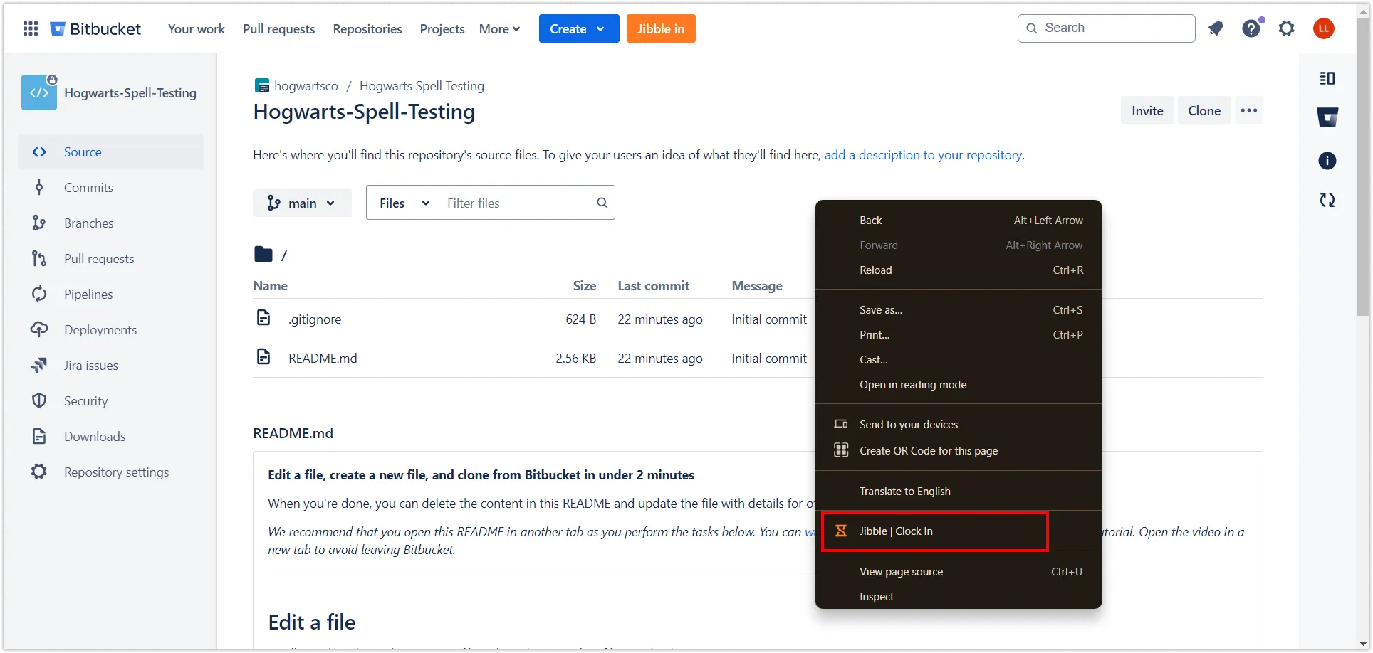 Clocking in via right click on Bitbucket