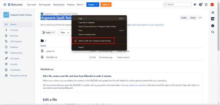 Rejestrowanie końca pracy w Bitbucket za pomocą opcji pod prawym przyciskiem myszy.