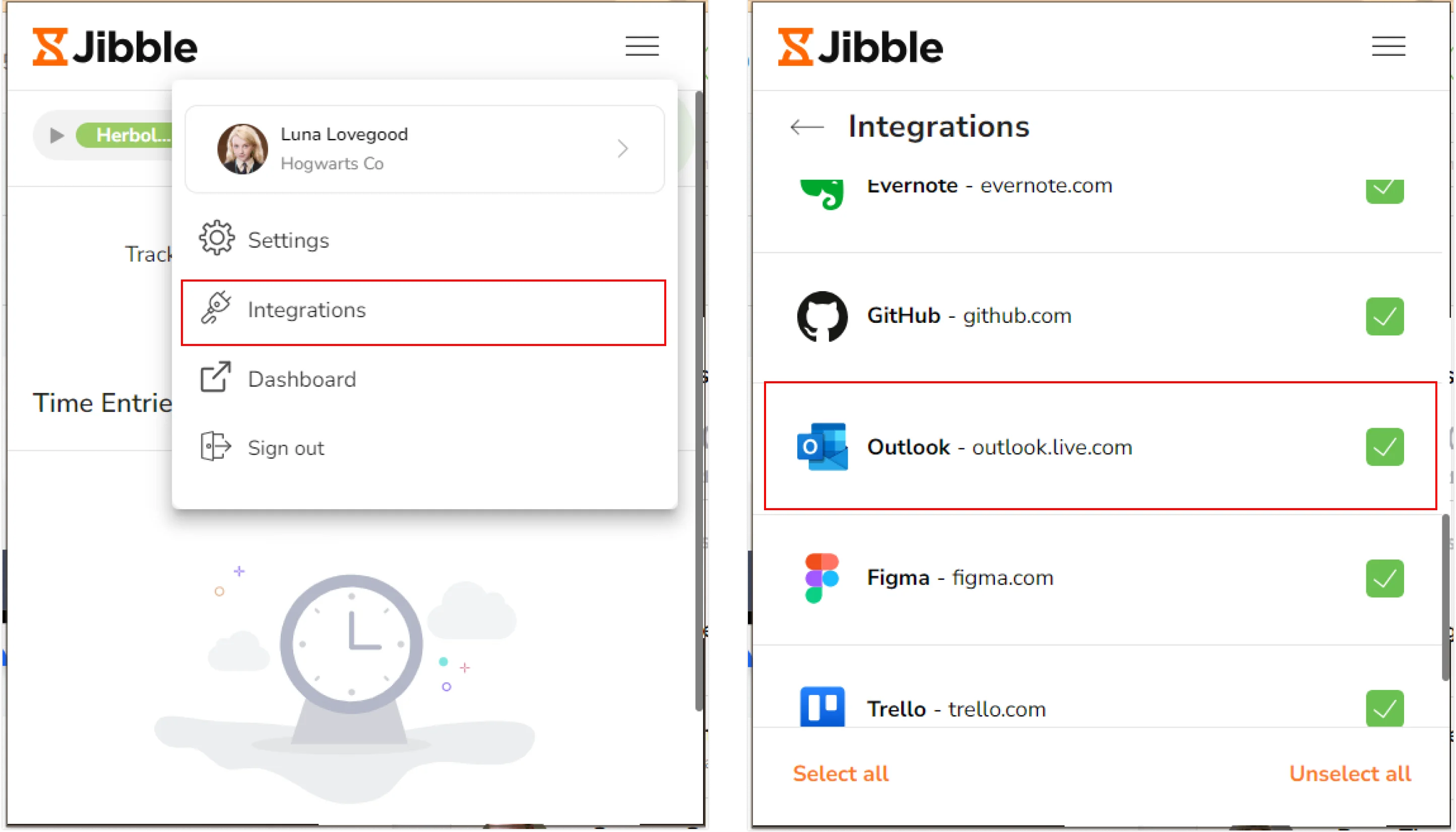 Microsoft Outlook under integrations tab in Jibble chrome extension