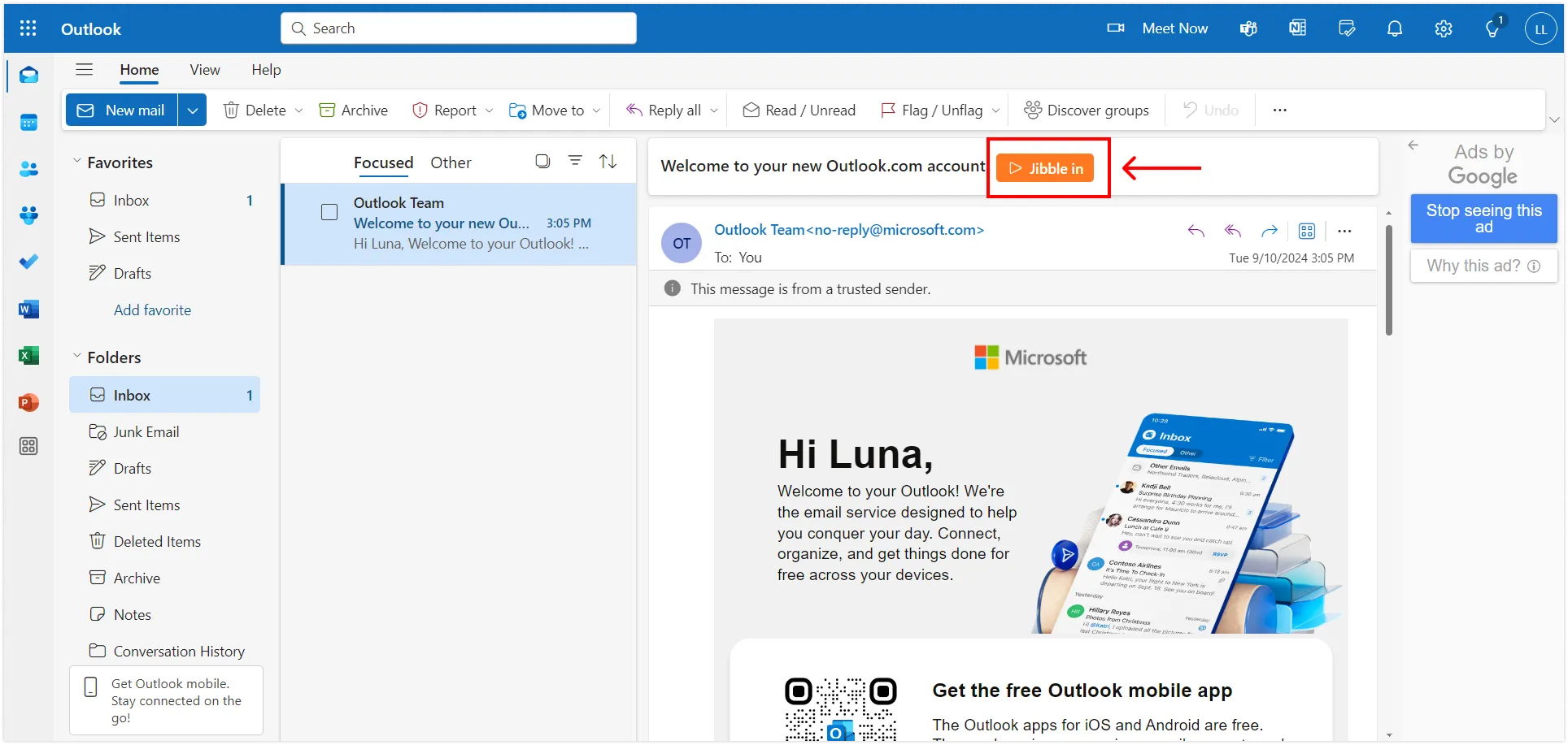 Bouton de pointage d'entrée Jibble in dans un e-mail de Microsoft Outlook