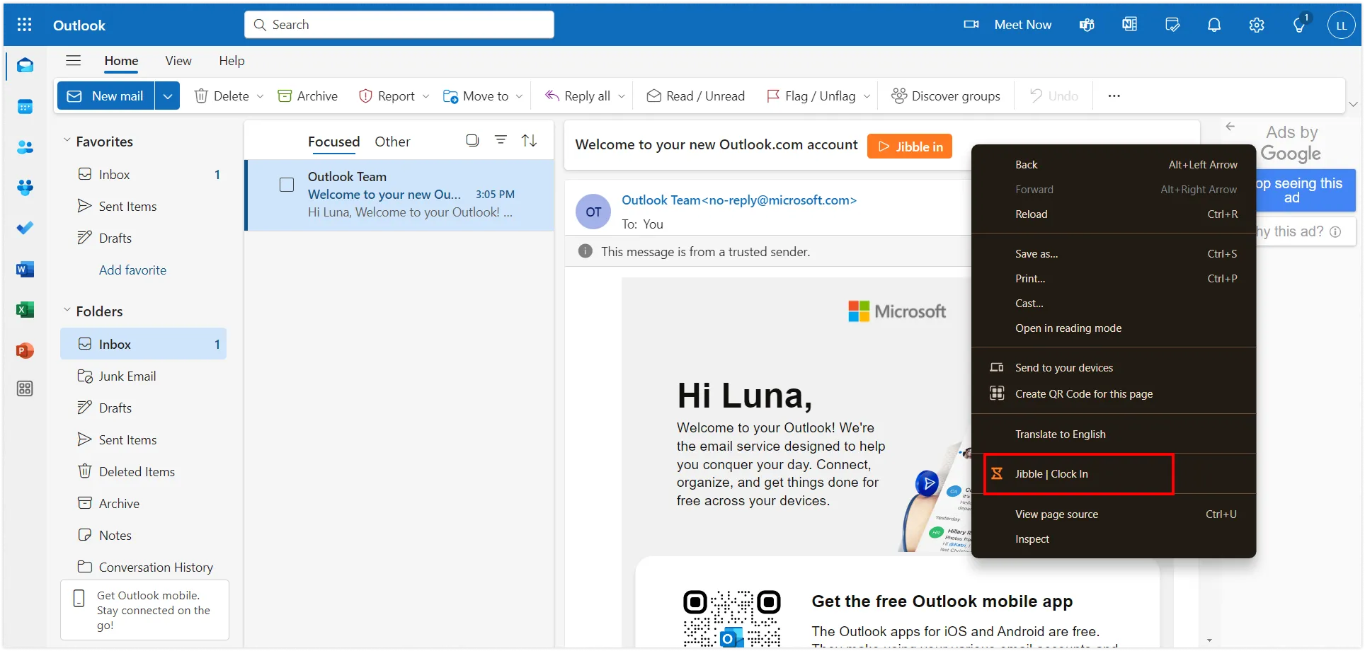 Pointer en effectuant un clic droit dans Microsoft Outlook
