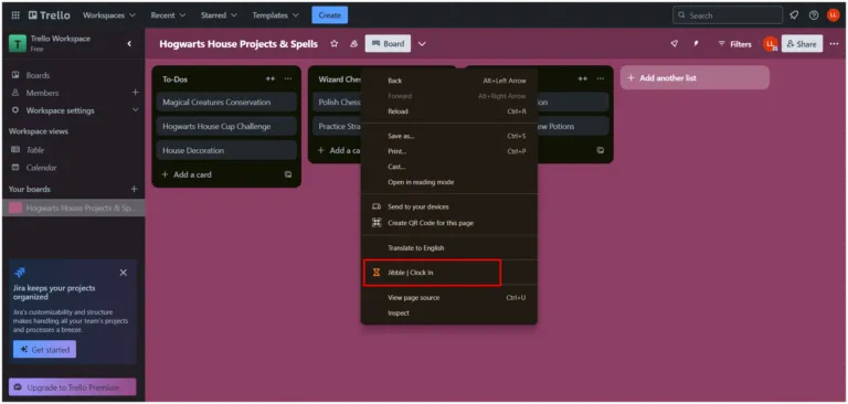 Rejestrowanie początku pracy w Trello za pomocą opcji pod prawym przyciskiem myszy.