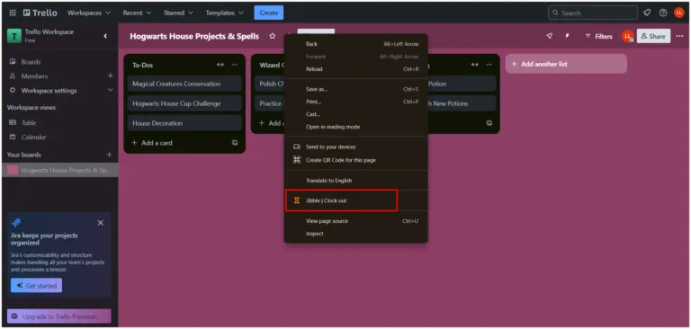 Rejestrowanie końca pracy w Trello za pomocą opcji pod prawym przyciskiem myszy.