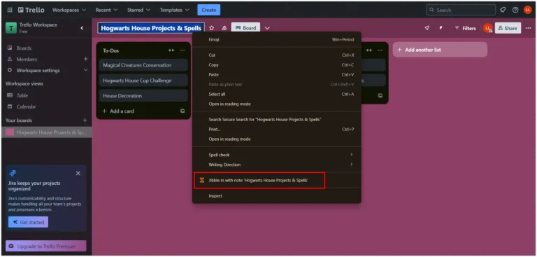 Rejestrowanie początku pracy w Trello za pomocą zaznaczenia tekstu.