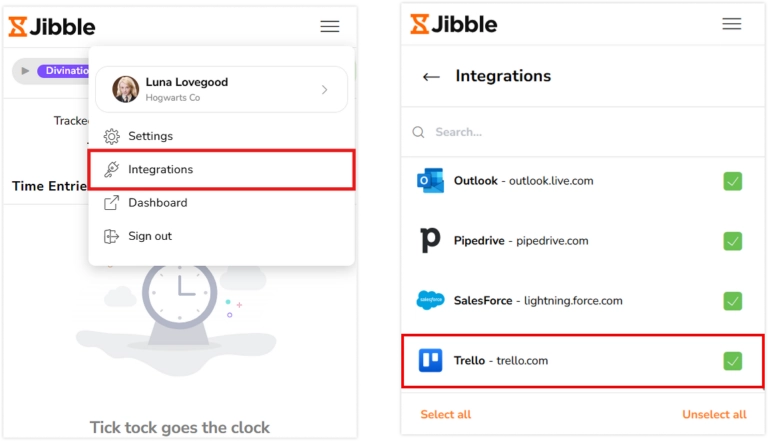 Jibble Chrome 확장 프로그램의 통합 섹션에 있는 Trello