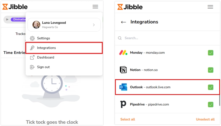 Microsoft Outlook under integrations tab in Jibble chrome extension