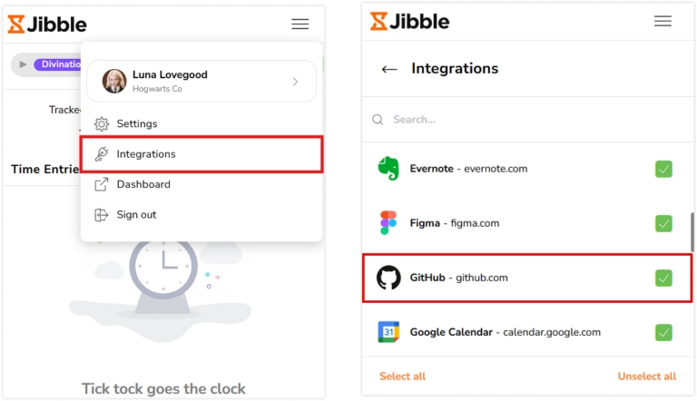 Jibble Chrome拡張機能の[Integrations]タブにあるGitHub