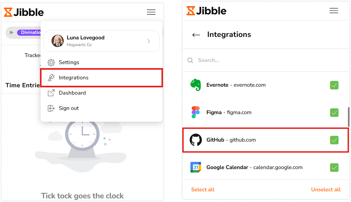 GitHub under integrations tab on Jibble chrome extension
