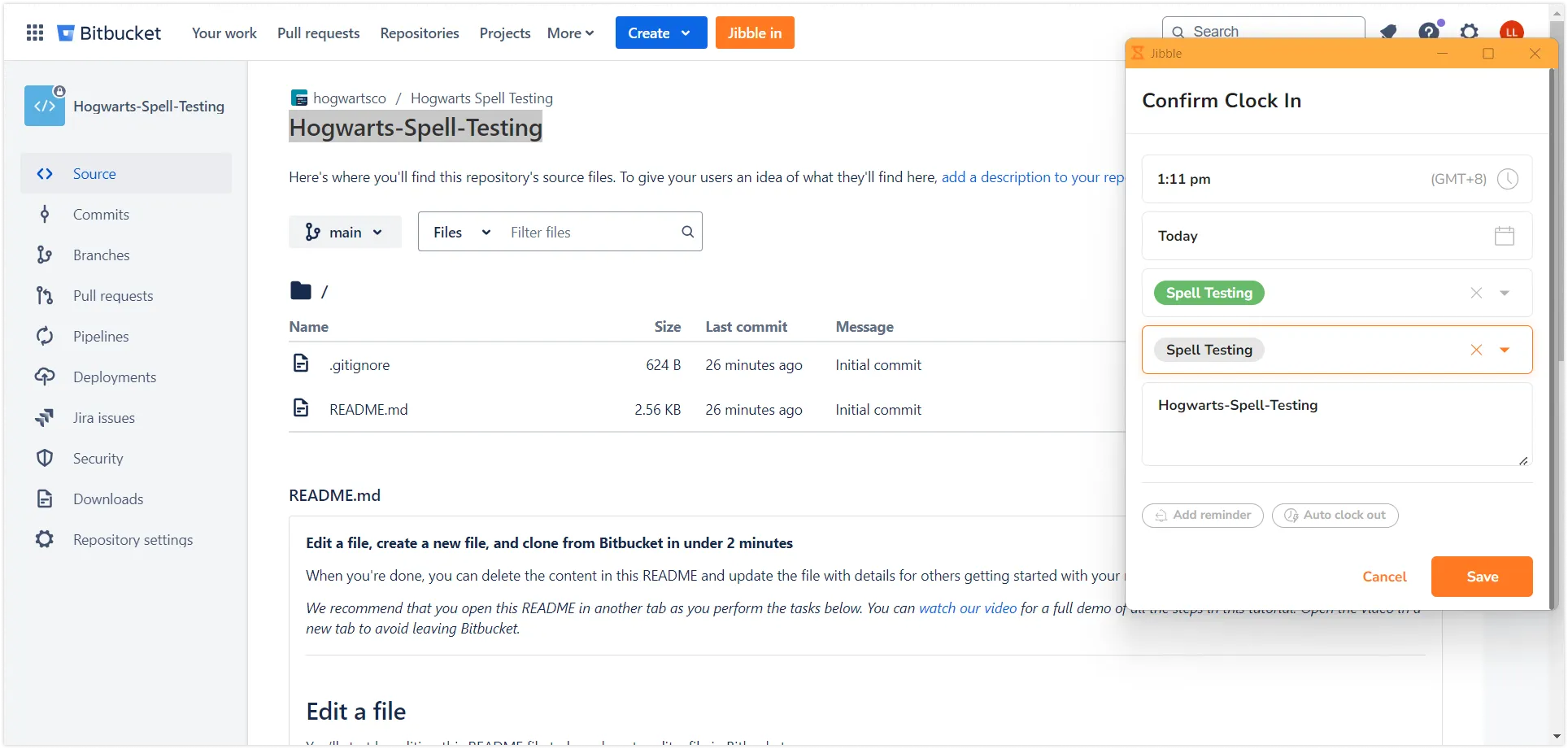 Inputting activities and projects via text highlighting in Bitbucket