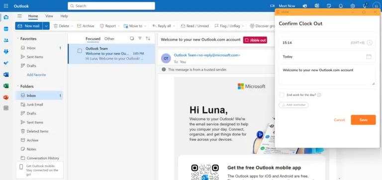 Clocking out via Microsoft Outlook email