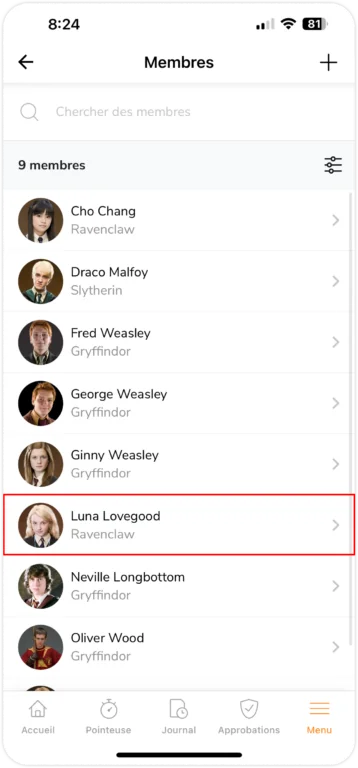 Liste des membres sur mobile