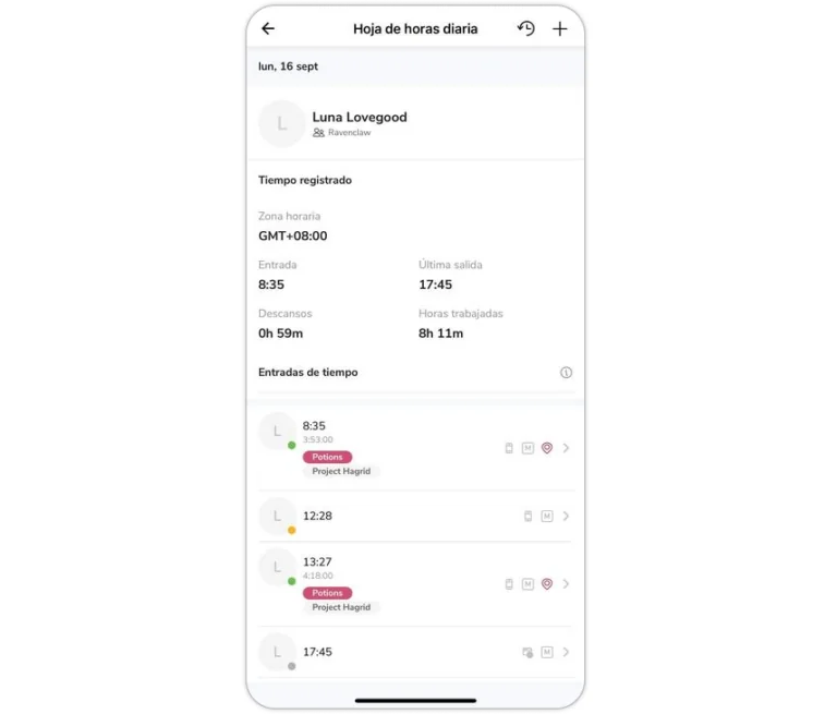 Viewing time entries on daily timesheet on mobile app