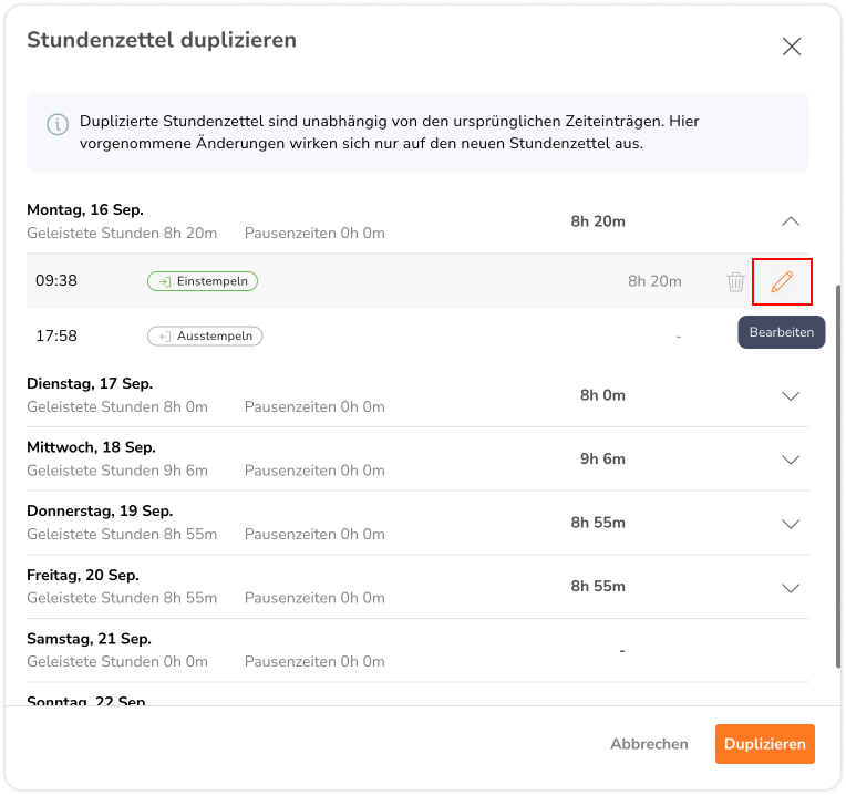 Editing duplicated timesheet for individual entries