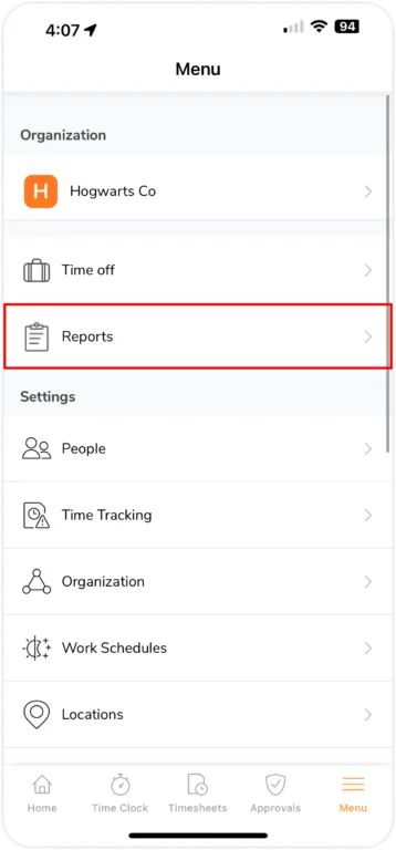 Paramètres du rapport sur mobile