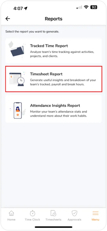 Rapport de feuille de temps sur mobile