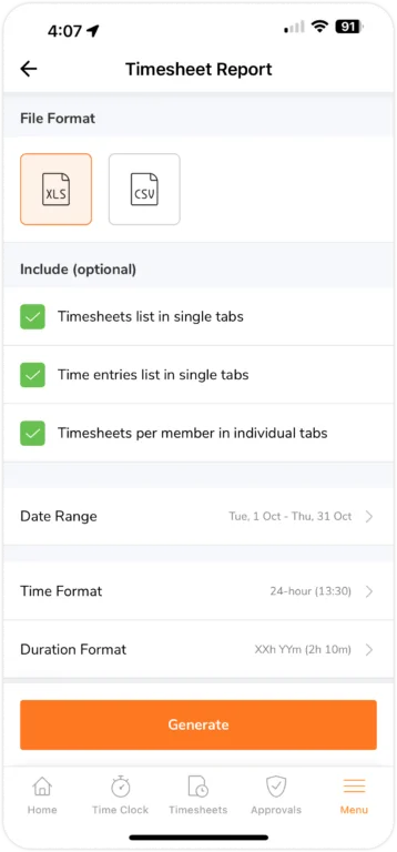 Rapport de feuille de temps sur mobile