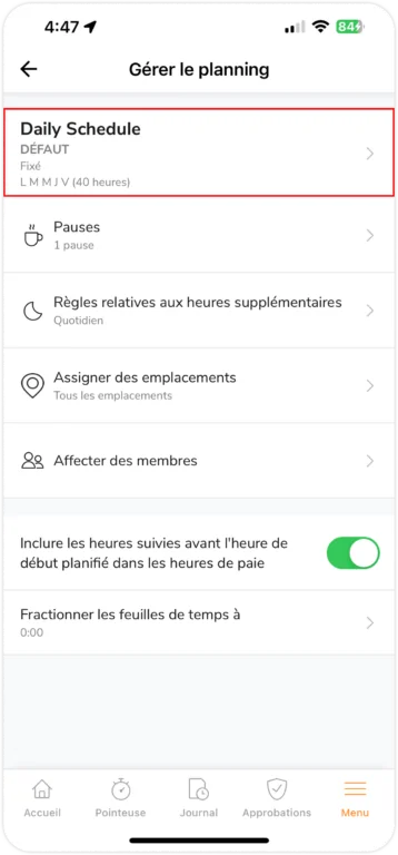 Modification des paramètres du planning de travail sur mobile