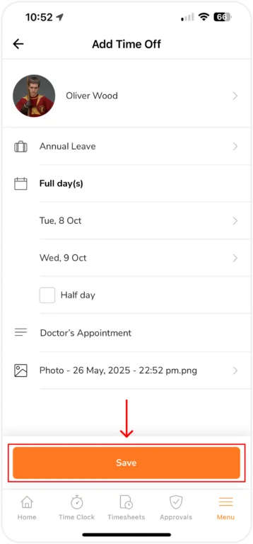 Requesting Time Off for member on Mobile