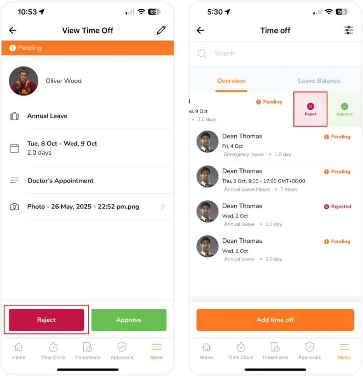 Rejecting time off request for member on Mobile