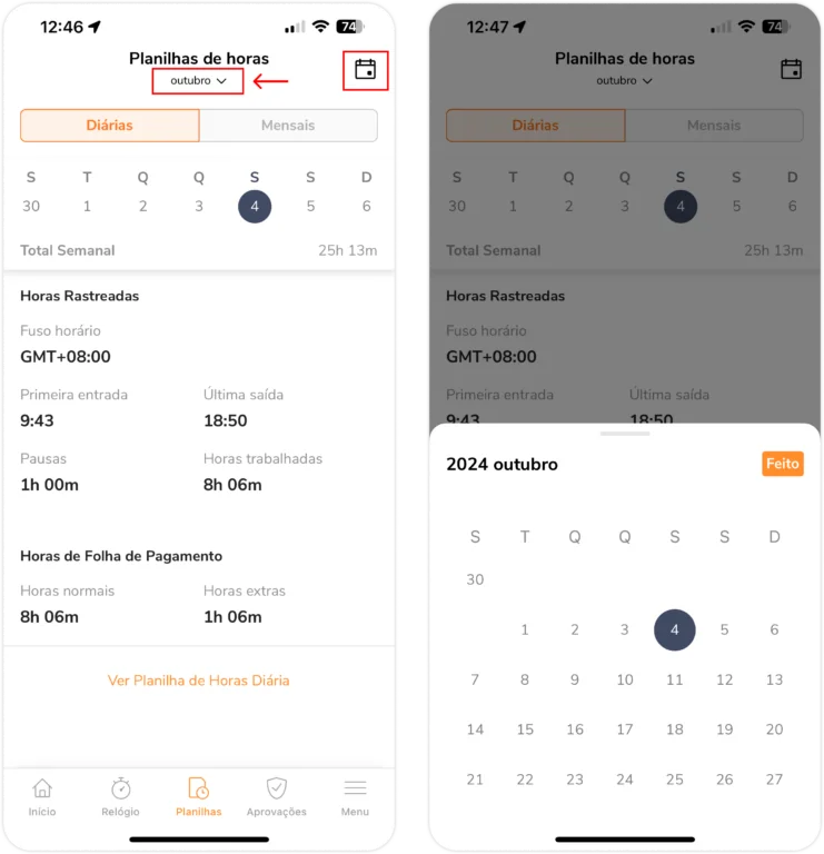 seletor de datas e tempo da folha de ponto pessoal