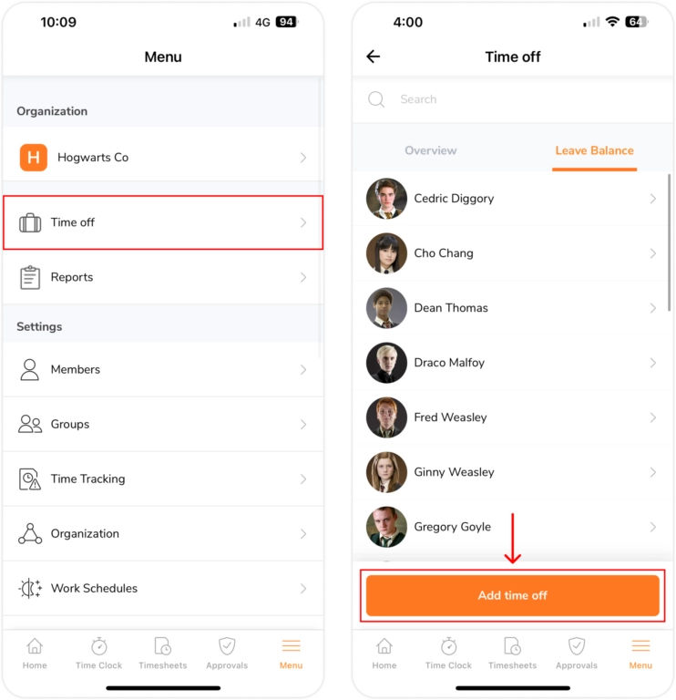 Time off tab on mobile