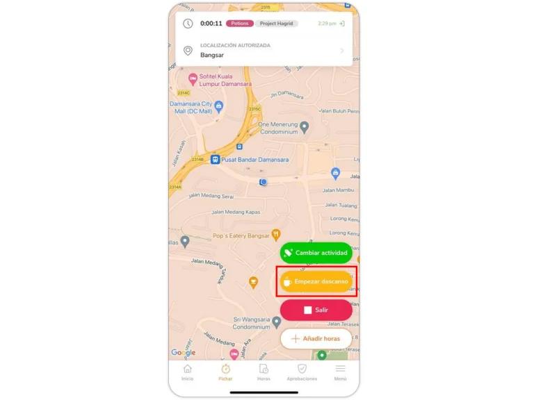 Start break button with different types of break on mobile app