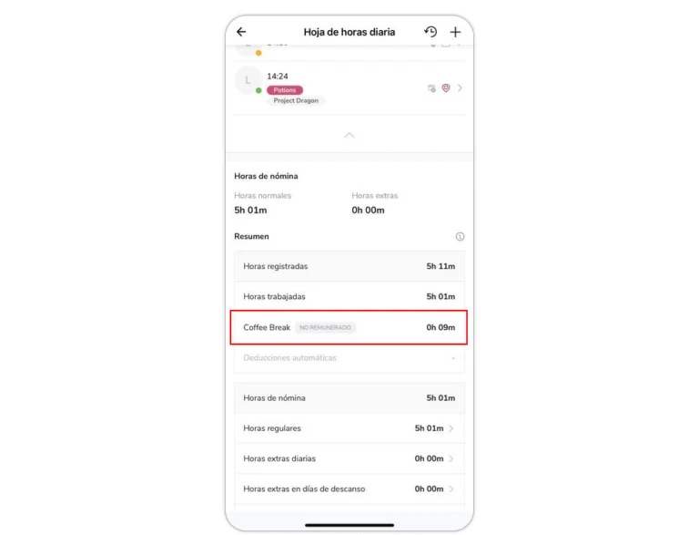 Total hours of break under payroll hours on mobile app