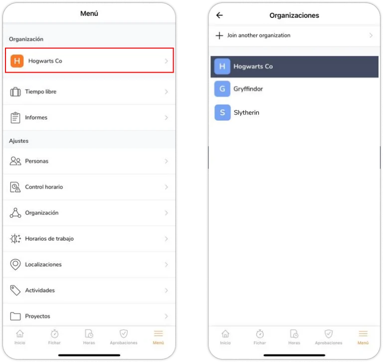 Switching organizations via mobile app