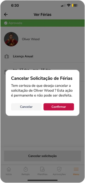 Mensagem de confirmação para cancelar férias no celular